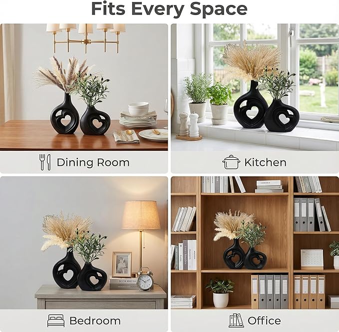 Matte Black Heart Shaped Hollow Ceramic Vase Set of 2, Modern Minimalism Styles, Mid Century Nordic Aesthetic Decorative Vases for Home Table Decor, 8.5in