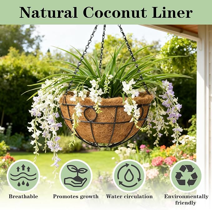 4 Pack 12 Inch Black Metal Hanging Planter Baskets with Coco Coir Liner Sturdy Hanging Flower Basket for Outdoor Indoor Garden Porch Patio Balcony Decor (Round)