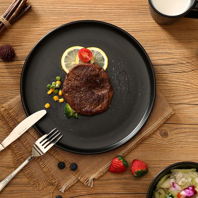 Bestone 16 Piece Round Kitchen Dinnerware Sets,Plates and Bowls sets,Dishes, Dinner Plates, Cereal Bowls Set，Bowls, Mugs, Dish Set，Plates and Bowls,Service for 4, Stoneware Dinnerware,Black matte