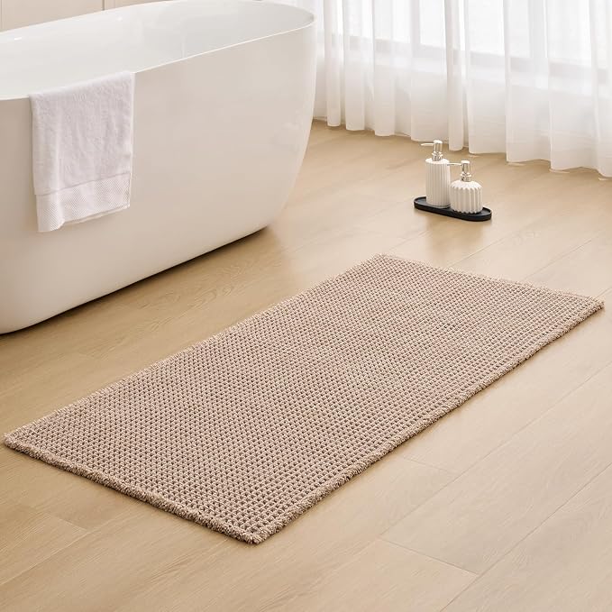 ILANGO Upgraded Waffle Bathroom Rugs,Super Absorbent Boho Non Slip Runner Bathroom Mats Quick Dry,Ultra Soft Machine Washable Mat with Tassels for Hallway,24x48,Khaki