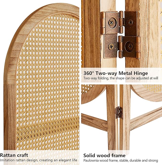 Room Divider 3 Panels, Hand-Woven Rattan Room Divider Wall, Foldable Wood Divider Screen, Creative Divider Wall, Folding Privacy Screens, Unique Design Privacy Divider Panel (Natural)