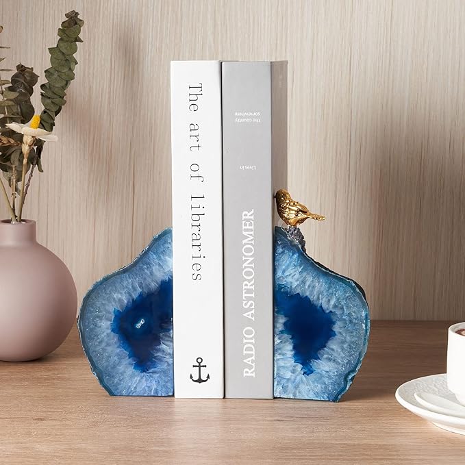 Blue Agate Bookends for Shelves, Geode Crystal Book Ends for Heavy Books, Stone Decor with Rubber Bumpers 1 Pair 3-3.8LBS Home Decorative Unique