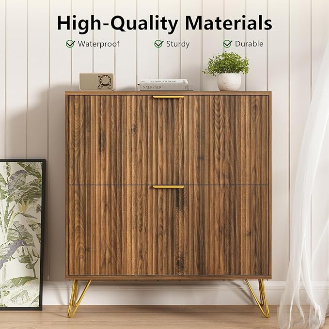 Shoe Storage Cabinet with 2 Flip Drawers, 31.5" W Fluted Shoe Cabinet for Entryway, Hidden Shoe Cabinet Storage, Narrow Free Standing Shoe Orgnaizer Rack Cabinet for Foyer Hallway, Natural