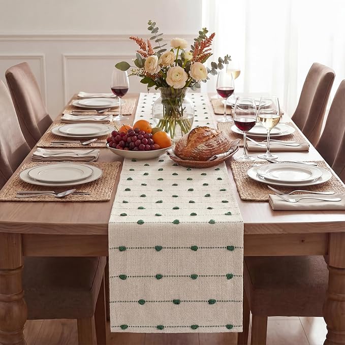 Artoid Mode Dark Green Boho Farmhouse Cotton Woven Table Runner, Seasonal Christmas Kitchen Dining Table Decoration for Home Party Decor 12x72 Inch