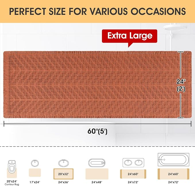IM HOME Extra Large Waffle Bath Mat, Boho Bathroom Rugs Absorbent Non Slip, Ultra Soft Bathroom Mat, Machine Washable Knit Bath Rugs with Herringbones for Bathroom, Bedroom, Tub, 5'x2', Burnt Orange