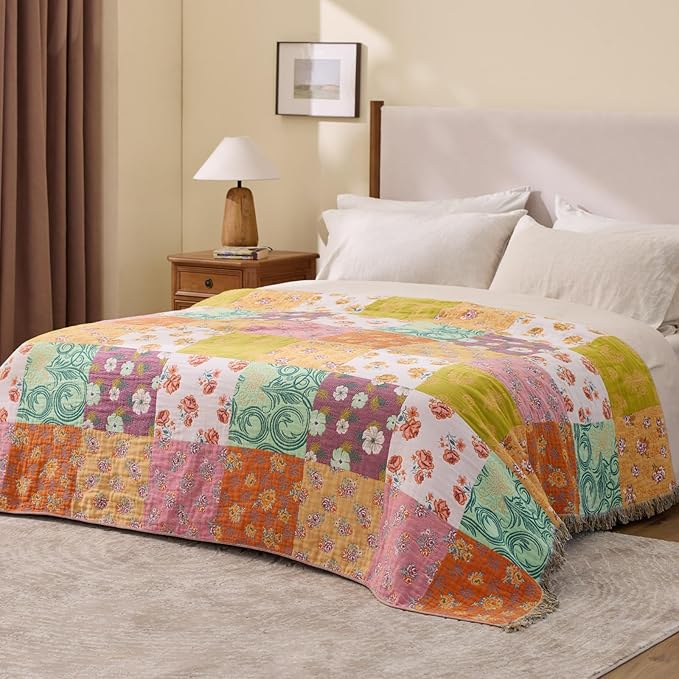 RILIHO 100% Cotton Boho Throw Blanket for Home Decor – Classic Farmhouse Quilt Bedding, Muslin Blankets for Adults, Vintage Woven Decorative Blanket for Couch, Bed Layering Use, Patchwork, 50"x60"