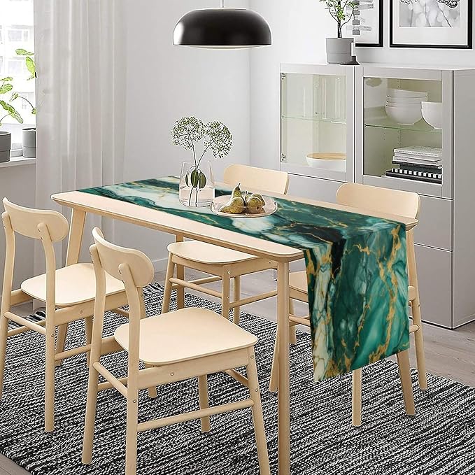 Marble Table Runner,Modern Luxury Abstract Art Teal Marble Texture Pattern Table Runner for Coffee Table Dining Room Table Bedroom Party Holiday Decor 13x120inch