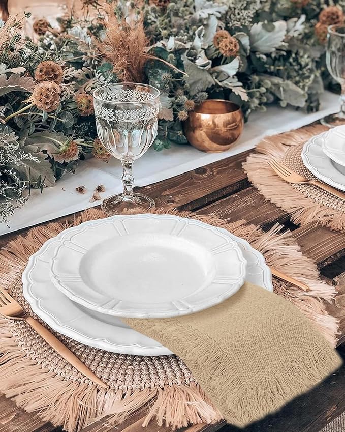 60 Pack Caramel Napkins Cotton Linen Napkin 16 x 16 Inch Caramel Napkins Cloth Handmade with Fringe Soft Washable Rustic Dinner Napkin Cloths for Wedding Party Dinner Table