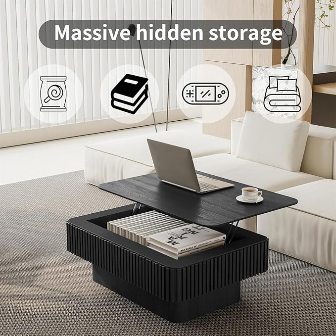 LKTART Lift Top Coffee Table for Living Room, Mid Century Modern Coffee Table with Hidden Storage, Solid Wood Veneered Rectangle Center Tea Table for Small Space Apartment (38.6''L×14''H-Black)