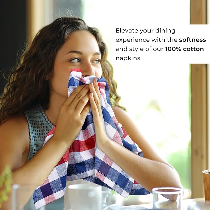 Urban Villa Cloth Napkins 100% Cotton Highly Absorbent Washable Durable Reusable Premium Dinner Napkins Ideal for Gifts for Mothers Day Hotel Farmhouse Parties - Red/Blue/White (20" x 20", Set of 6)