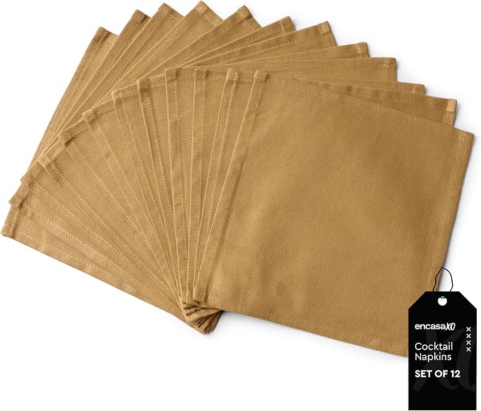 Encasa XO Cocktail Cloth Napkins Set of 12 | Pure Cotton Table Napkin | Size (9"x9") | Mustard Solid | Machine Washable