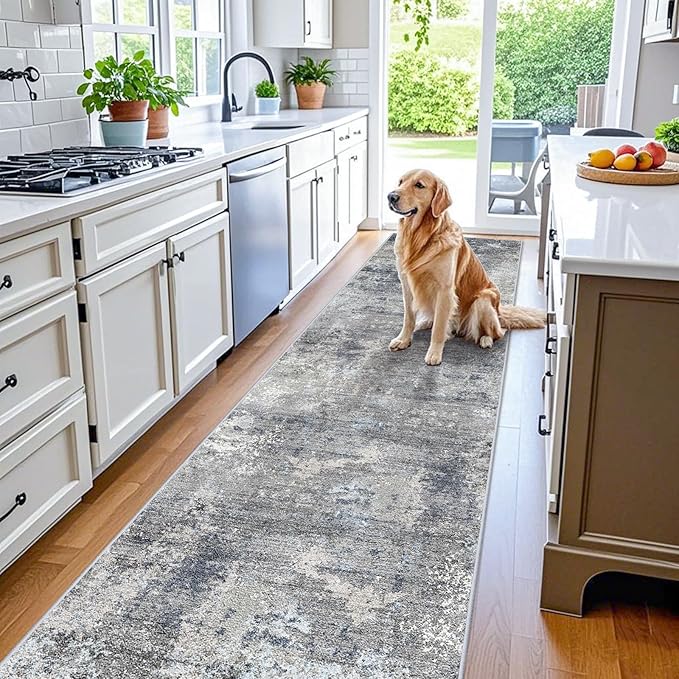 3x15 Ft Long Hallway Runner Rug Non-Slip Washable Wide Kitchen Runner | Modern Abstract Floor Carpet for Indoor Entryway, Bedroom, Living Room (Blue Grey, 3x15)