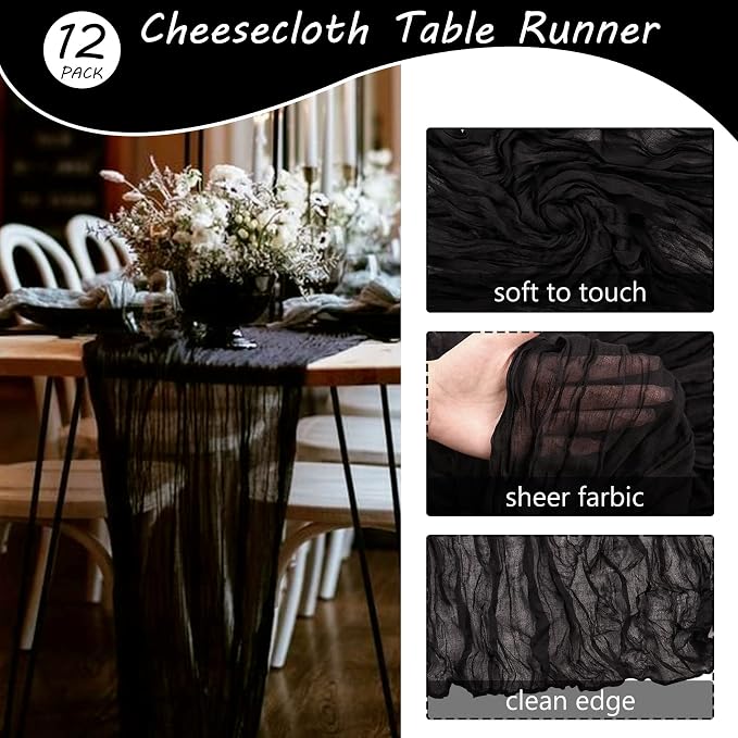 12 Pack Boho Gauze Table Runner 35x72 Inch - Rustic Cheese Cloth Long Table Runner for Wedding, Bridal Shower, Birthday Party Decor (Black)