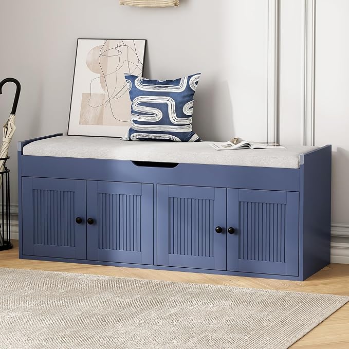 47.2" Storage Bench - Entryway Shoe Bench with 4 Doors and Top Storage Area, Multifunctional Entryway Bench with Lift Top Cushion, Shoe Storage Bench for Bedroom, Living Room, Navy Blue