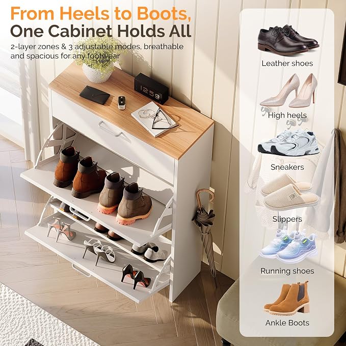 VINGLI Shoe Cabinet Storage for Entryway Ultra Slim with 2 Flip &1Drop-Down Drawers, 24.8" W Narrow Shoe Cabinet for Front Door Entrance,Freestanding Modern White Wood Shoes Organizer for Hallway