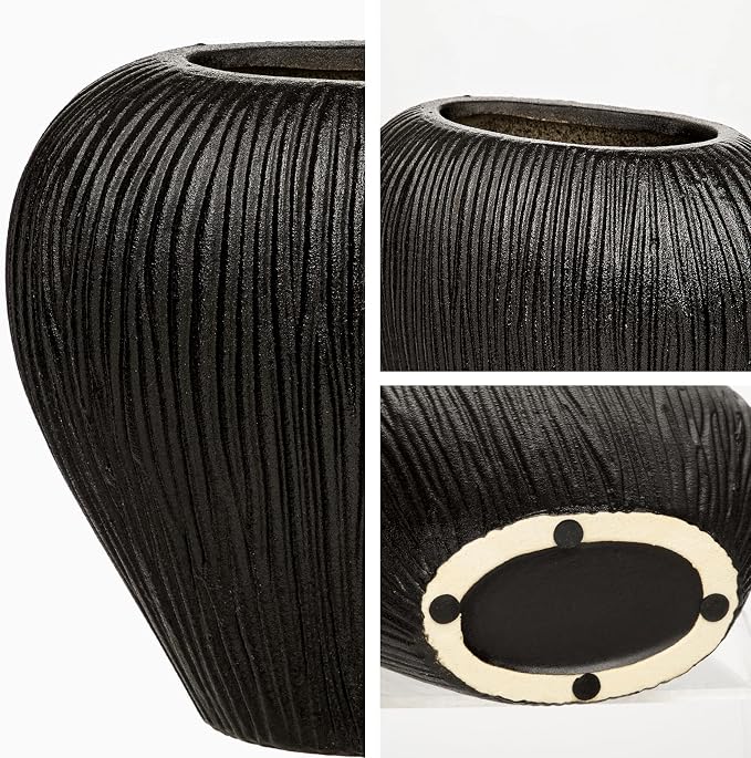 Slim Flat Ceramic Vase for Home Decor, 7" Ribbed Modern Flower Vase, Space-Saving Narrow Decorative Vase for Pampas Grass Artificial Flowers, Farmhouse Boho Table Centerpiece, Black