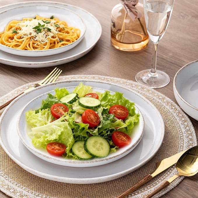 AmorArc Dinnerware Sets for 6, 18 Pieces Stoneware Plates and Bowls Set with Handbrush Rim, Scratch Resistant Dishes Set, Dishwasher & Microwave Safe, White