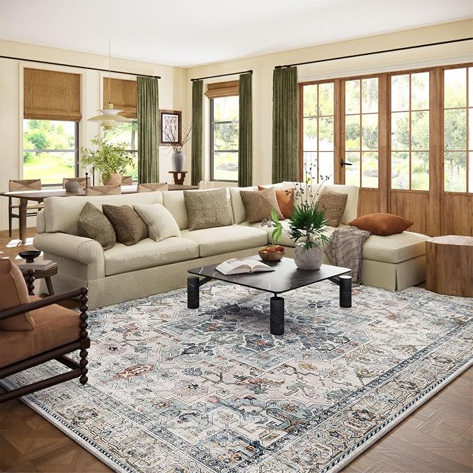 8x10 Area Rugs for Living Room: Washable Bedroom Rug Boho Vintage Rugs Stain Resistant Non Slip Low Pile Soft Lightweight Carpet for Kitchen Dining Room Farmhouse Nursery Kids Room Home Office