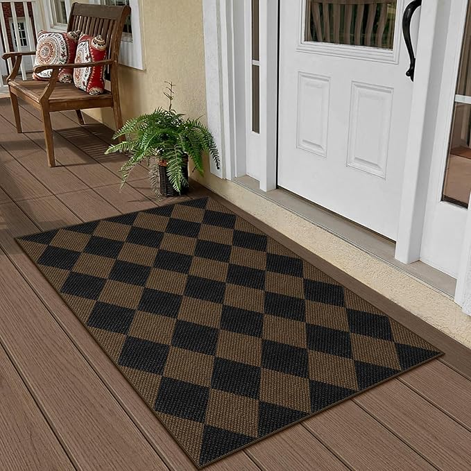 Rugalia Easy Jute Checkered Entryway Rug, 2.6x4 Coffee Modern Indoor Outdoor Doormat Non-Slip Washable Kitchen Rug, Neutral Farmhouse Diamond Throw Rugs for Entrance Bedroom Porch Patio