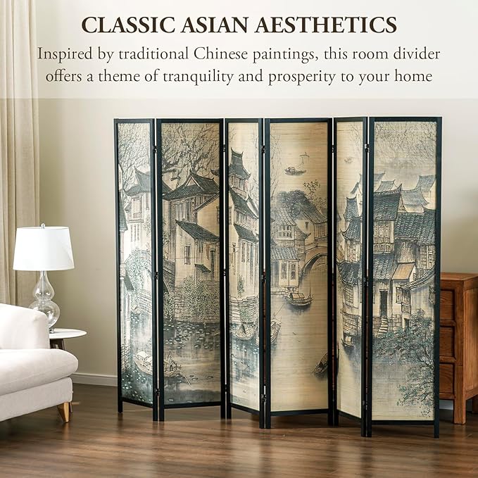 MyGift 6 Panel Room Divider Privacy Partition with Dual-Sided Vintage Asian Water Village Ink Brushed Print Design, 6FT Black Wood Framed Decorative Artwork Folding Screen 94.6''W x 68.9''H