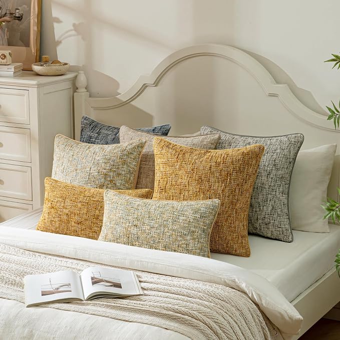 A Moment Bright Yellow Reversible Pillow Covers 2 Pack - Farmhouse Chenille Velvet Throw Pillows, Neutral Textured Decorative Throw Pillow Covers with Border for Couch Sofa Bed (12x20 Inch, No Insert)
