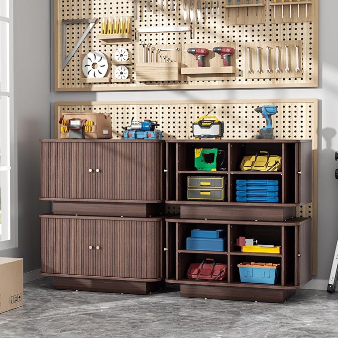AKMAKM 31.5" W Sliding Door Shoe Storage Bench, Small Entryway Shoe Cabinet with Adjustable Shelf, Space-Saving Wooden Low Cabinet for Hallway, Living Room, Apartment, Dorm, Walnut