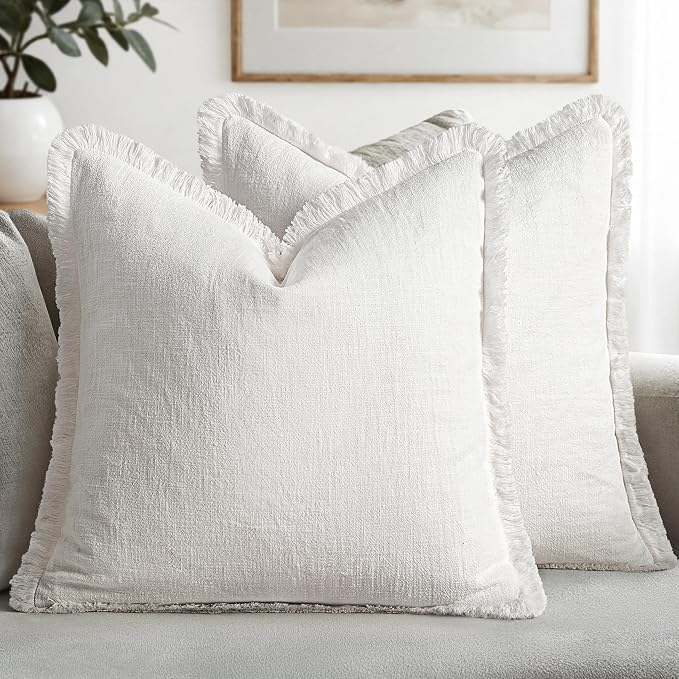MIULEE Decorative Throw Pillow Covers Neutral Linen Fringe Throw Pillows Set of 2 White Boho Farmhouse Cushion Covers with Tassels for Couch Sofa Bed Living Room Spring Home Decor 20x20 Inch