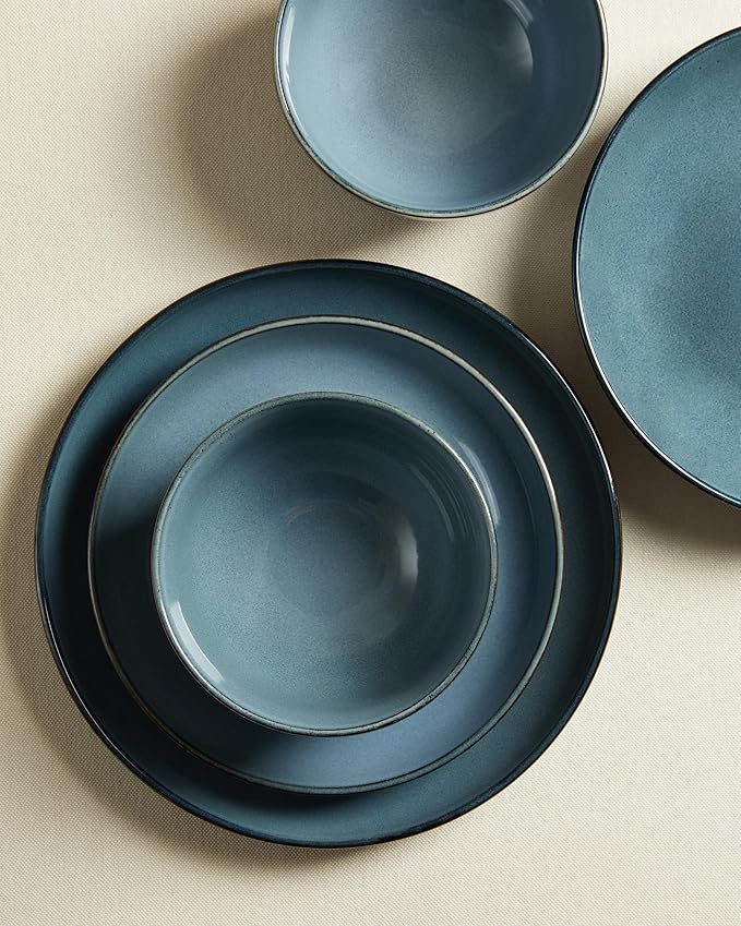 Pokini 24 Piece Double Bowl Dinnerware Sets with Pasta Bowls, Highly Chip and Crack Resistant Plates and Bowls Sets, Natural Earthyware Ceramic Dishware Sets, Service for 6 Jeans Blue