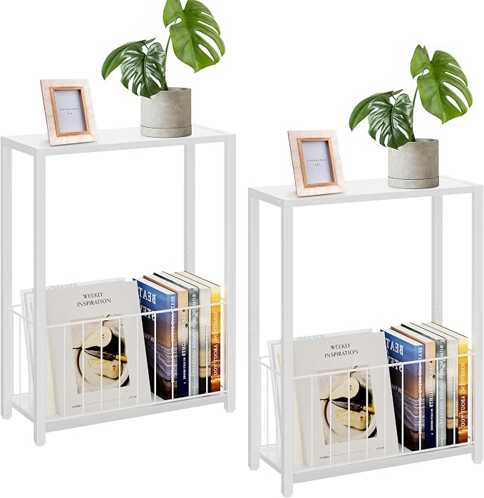Homleke Narrow Side Tables Set of 2 with Magazine Holder, Skinny End Tables Perfect for Small Spaces, Space-Saving Design for Living Room, Bedroom, or Office, 7.1" D x 16.9" W x 23.6" H, White