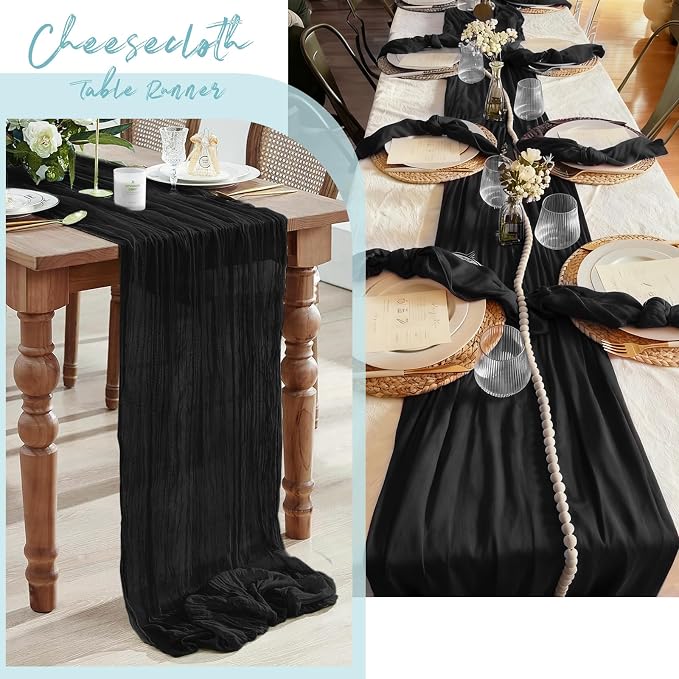 3 Pack Black Cheesecloth Table Runner, 17 x 108 Inch, Gauze Cheese Cloth Table Runner Rustic Sheer Runner for Wedding Birthday Party Baby Shower Table Decor(Black)