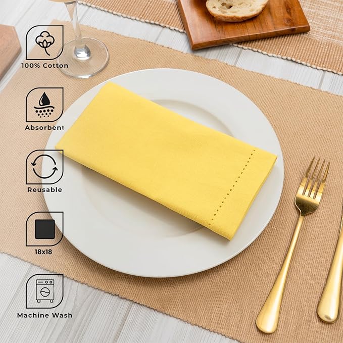 Blue Needles Set of 12 Hemstitch Linen Napkins 100% Cotton Lemon Yellow Cloth Dinner Napkins 18x18 inches - Spring Summer Easter - Soft, Reusable, Absorbent, Washable, Ideal for Parties & Everyday Use