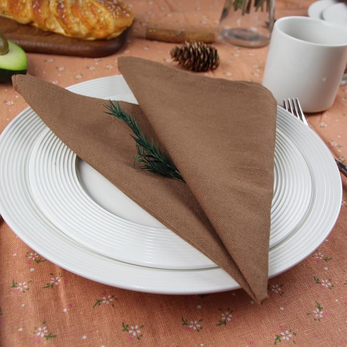 Solid Color Linen Blended Thin Dinner Cloth Napkins - Pack of 12 (40 x 40 cm) - for Events & Home Use (Coffee)