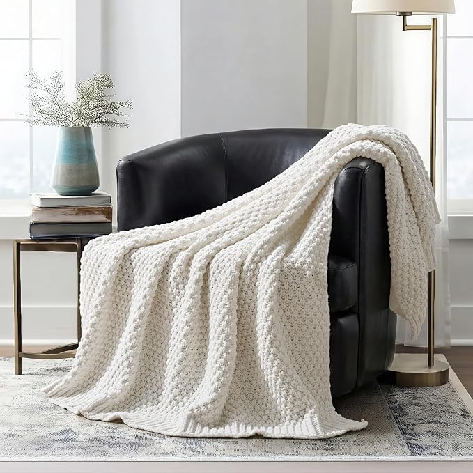 EVERGRACEHOME Chunky Chenille Knit Throw Blanket for Couch, Soft Luxurious Moss Stitch Blankets for Bed, Cozy Decorative Farmhouse Knitted Throws for Sofa, Bright White, 50" x 60"