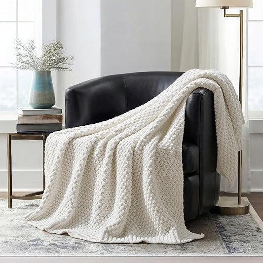 EVERGRACEHOME Chunky Chenille Knit Throw Blanket for Couch, Soft Luxurious Moss Stitch Blankets for Bed, Cozy Decorative Farmhouse Knitted Throws for Sofa, Bright White, 50" x 60"