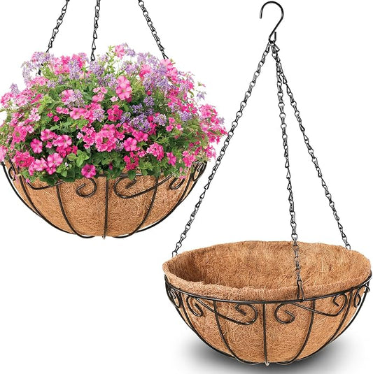 Legigo 2 Pack 14 Inch Metal Hanging Baskets for Plants Outdoor- Wire Round Hanging Planters Basket with Coconut Coir Liner, Hanging Flower Pot for Outdoor Plants Flowers Garden Decorations