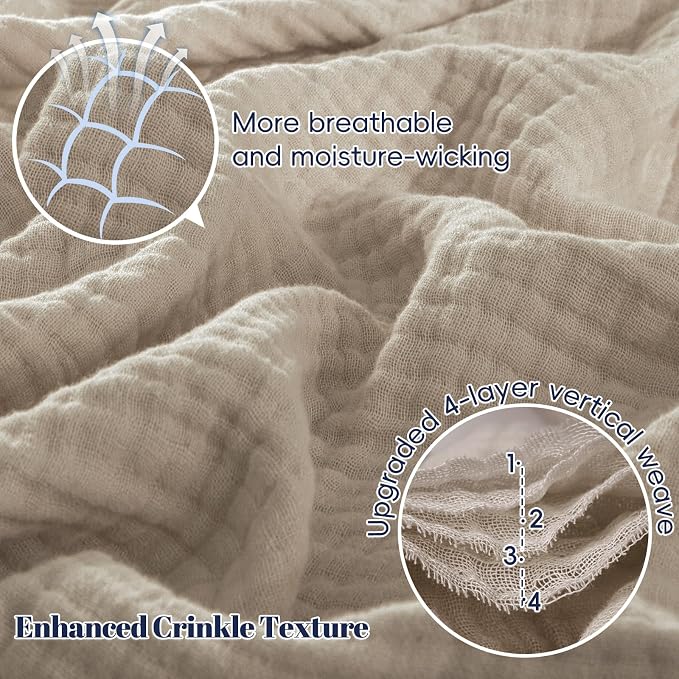 PHF 100% Cotton Muslin Throw Blanket 50" x 60", 4-Layer Lightweight Gauze Throw, Breathable Cloud-Soft Minimalist Blanket for Bed, Couch, Camping, Taupe, Ideal Gift