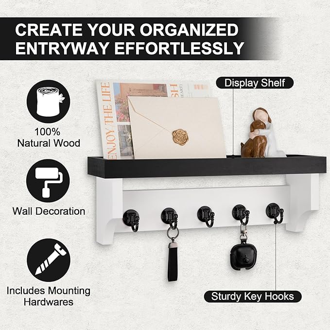 Key and Mail Holder Wall Mount, Key Holder with Shelf and Mail Organizer Wall Mount. Mail Holder with 5 Hooks for Coat, Dog Leash, Home Decor Rack, Entry Way Organizer (Black & White)