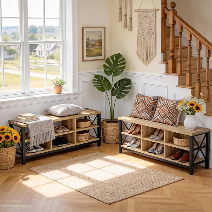 FATORRI Shoe Bench Entryway with Storage, Industrial Wood and Metal Hallway Benches with Adjustable Shelves, Rustic Entry Way Bench for Living Room (47.24 Inch Long, Rustic Oak)