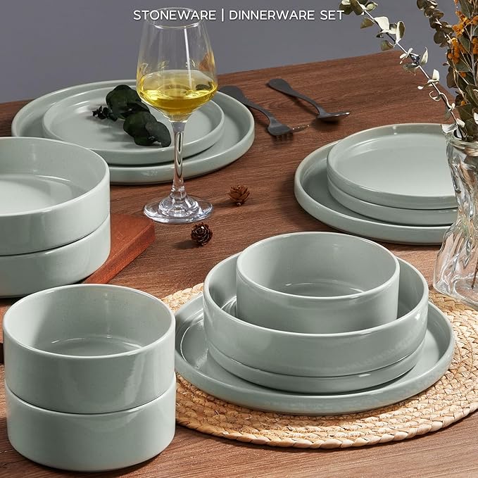 Onader Speckled Dinnerware Set for 4 with Pasta Bowl, 16 Piece Stoneware Plates and Bowls Dishes Set, Microwave & Dishwasher Safe – Pale Sage Green