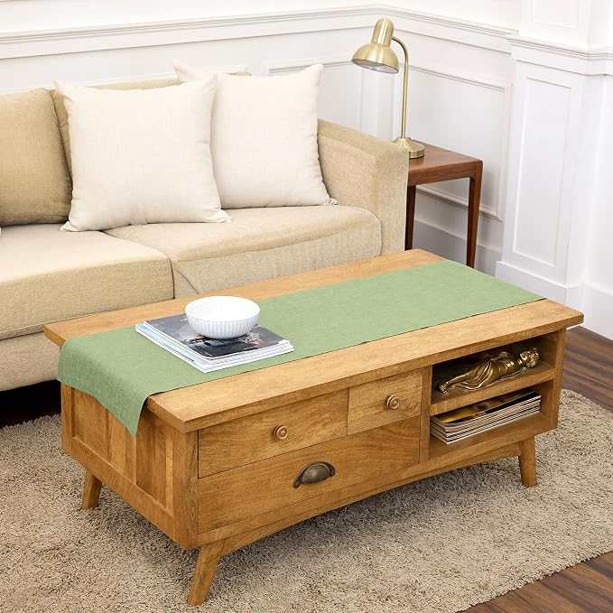 Solino Home Linen Small Table Runner 60 Inches - Athena, 100% Pure Linen Chambray Olive Table Runner 14 x 60 Inch Ideal for Dresser and Coffee Tables - Summer