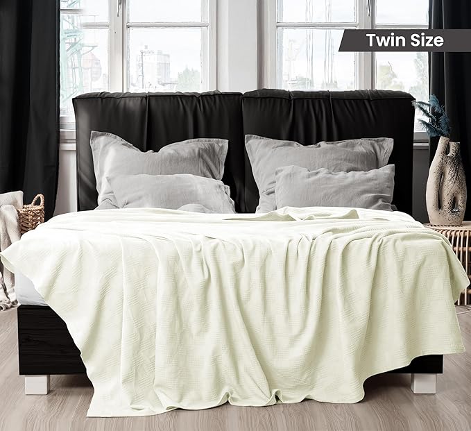 Utopia Bedding 100% Cotton Thermal Blanket Ivory Twin Size Soft, Lightweight, Breathable, Cozy Spring and Summer Blanket for Couch and Sofa, Home Room Decor Gifts for Women and Men (90x72 Inches)