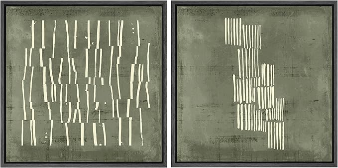 SIGNFORD Framed Canvas Print Wall Art Set Fragmented Lines in Green and White Illustrations Modern Art Minimal Relax/Calm for Living Room, Bedroom, Office - 16"x16"x2 Black