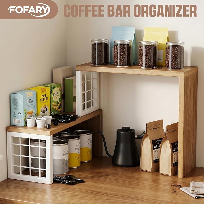 Kitchen Countertop Organizer, 2 Tier Spice Rack, Adjustable Cabinet Organizer Shelf, Corner Counter Shelf for Kitchen, Pantry, Coffee Station, Stackable, Expandable, Beige