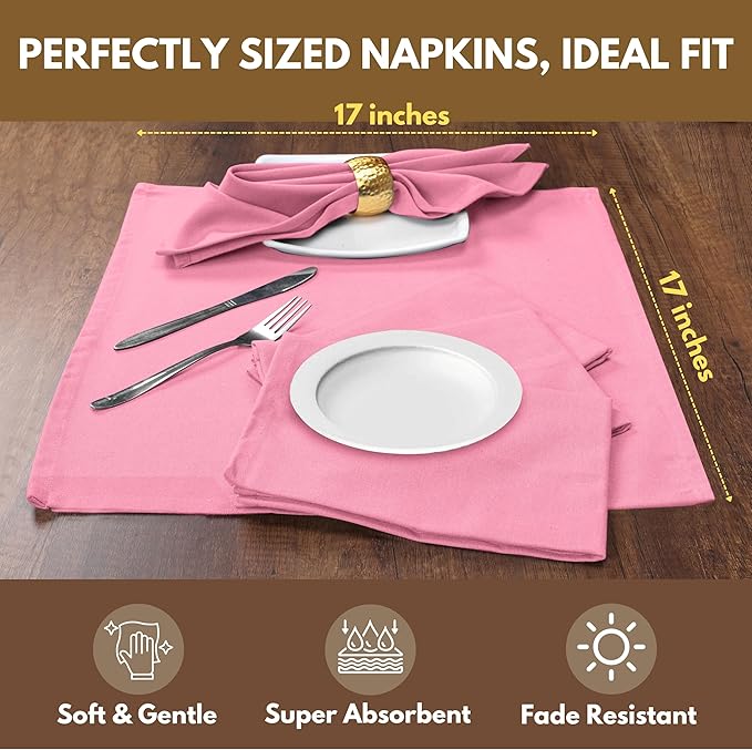 Native Fab Cloth Dinner Napkins, 12 Pack, 100% Cotton, 17x17 Inches, Soft, Absorbent, Premium Hotel Quality Table Linen, Perfect for Easter Brunch, Spring Weddings, Everyday Meals, Pastel Pink
