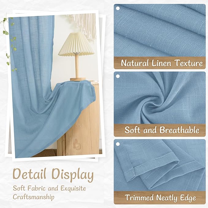 LAMIT Short Linen Window Curtains 45 Inch Length 2 Panels, Blue Semi Sheer Light Filtering Panels Back Tab and Rod Pocket Neutral Linen Weave Drapes for Basement/Window/Loft Room, 34 x 45 Inch