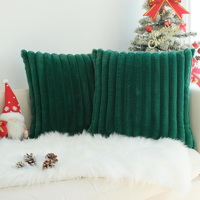 JOJUSIS Pack of 2 Faux Fur Plush Decorative Throw Pillow Covers Couch Cushion Case Soft Pillowcases (Dark Green, 24 x 24-Inch)