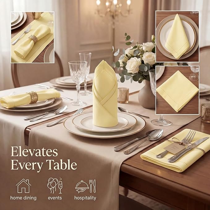 Urban Villa Cloth Napkins 100% Cotton Highly Absorbent Washable Reusable Premium Dinner Napkins Ideal for Gifts for Mothers Day Hotel Farmhouse Parties - Yellow - Hemstitch (20" x 20", Set of 12)
