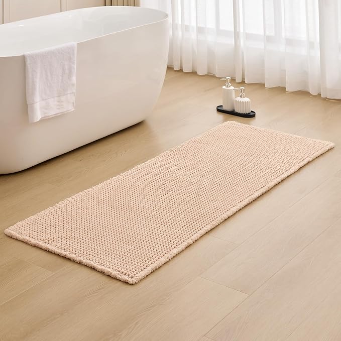 ILANGO Upgraded Waffle Bathroom Runner Rugs,Super Absorbent Boho Non Slip Bathroom Mats Quick Dry,Ultra Soft Machine Washable Mat with Tassels for Hallway,24x72,Beige