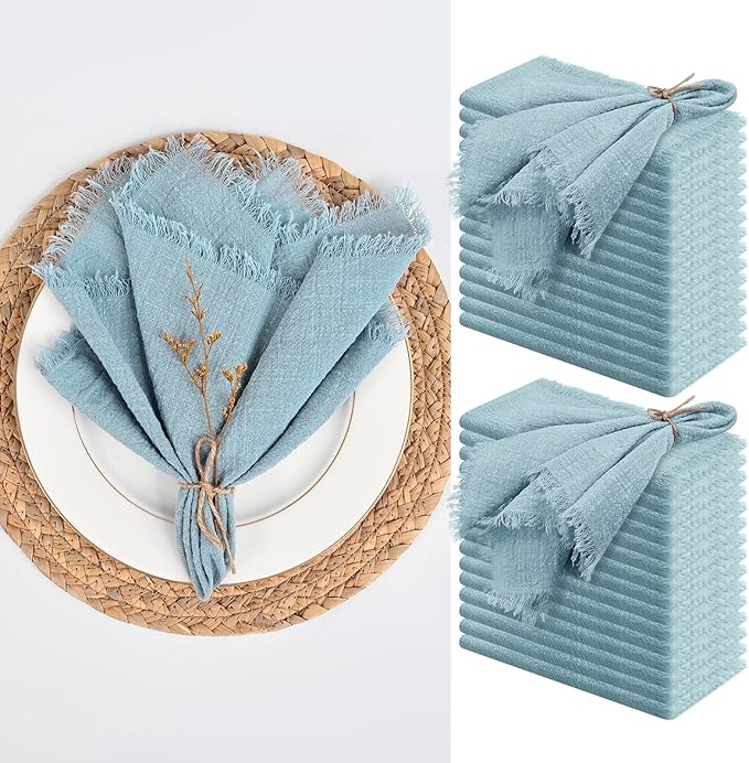 30 Packs Cotton Linen Napkins,Handmade Cloth Napkins Bulk with Fringe, Rustic Boho Napkins Cloth,Cloth Napkins for Romantic Wedding Party Event Dinner Birthday Table Decor(Dusty Blue,16 x 16 Inch)