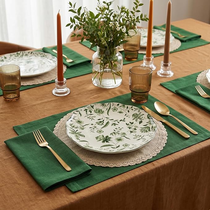 Solino Home Linen Napkins Set of 4-100% Pure Linen Pine Green Dinner Napkins Cloth 20 x 20 Inch - Fete, Handcrafted and Machine Washable